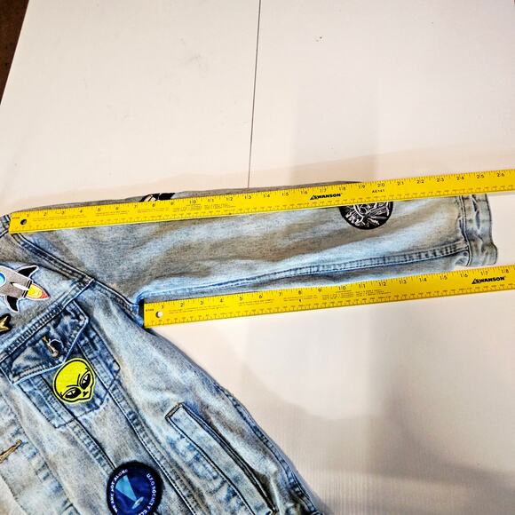 ASOS Retro Denim Jacket Patches Light Blue Space Theme Men's M 3643 - Picture 10 of 11